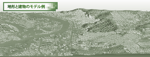 地形と建物の3Dモデル例 - 防災無線放送の音達シミュレーション